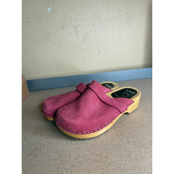 Vollsjo Shoes - Vollsjo Swedish Design Magenta Pink Nubuck Leather Wooden Clogs Mules Size 38